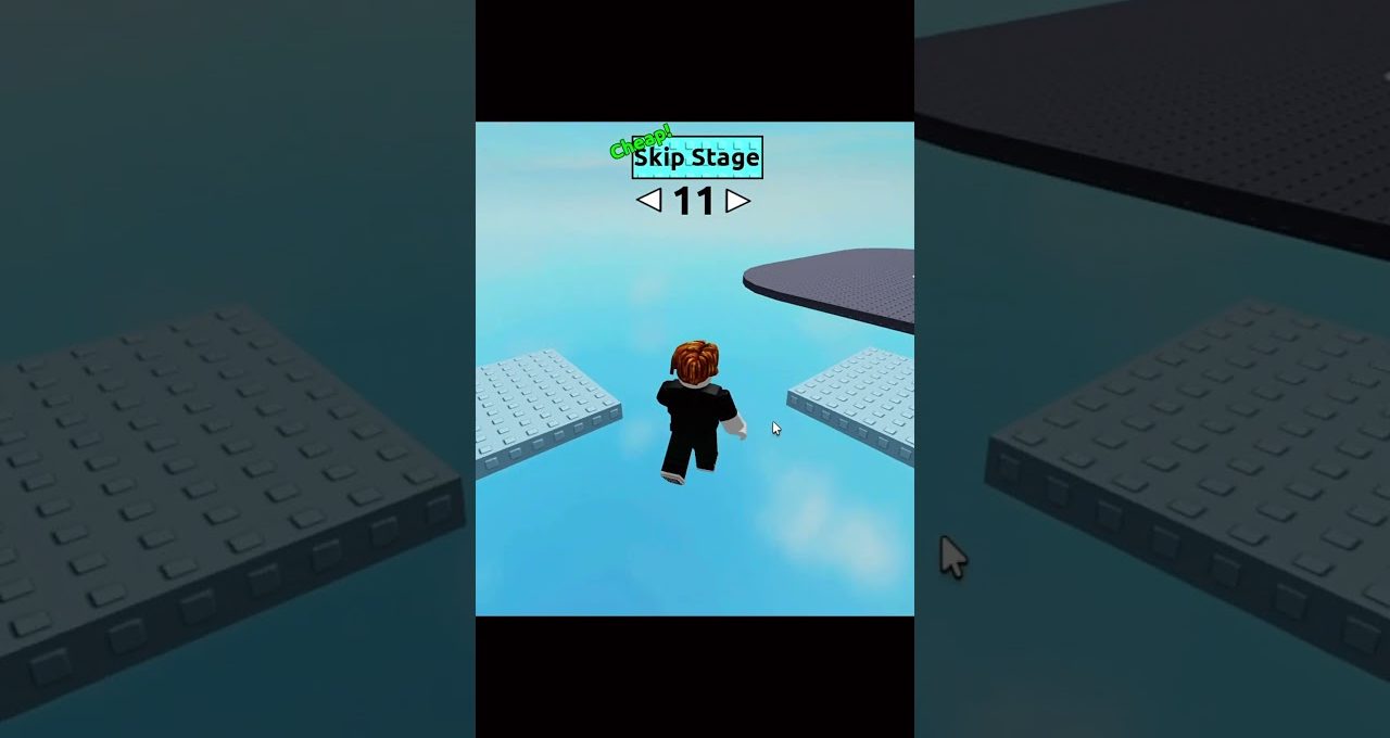 Blocky avatar jumping between floating platforms in a sky-blue obstacle course game