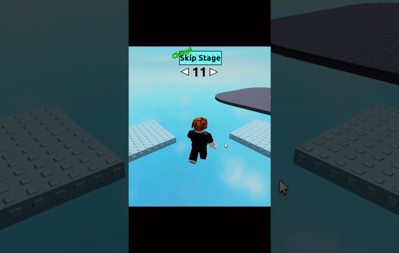 Blocky avatar jumping between floating platforms in a sky-blue obstacle course game