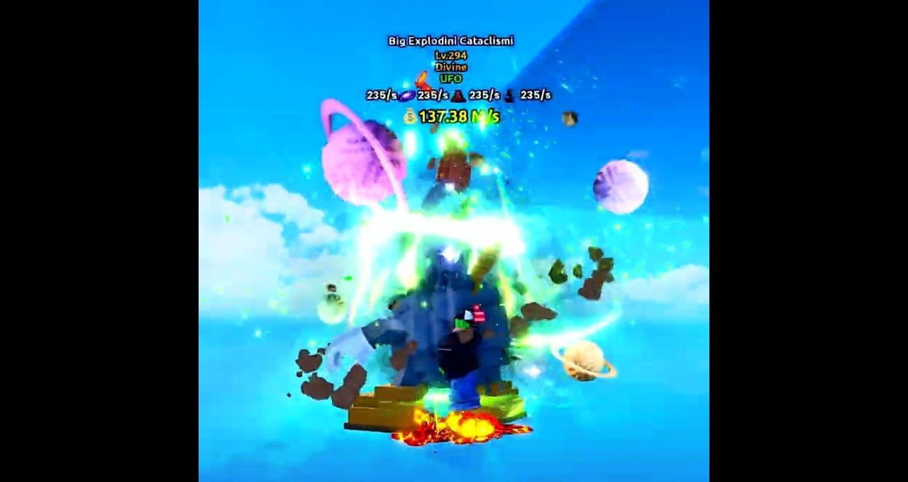 Bright game character surrounded by glowing planets, energy effects, and floating debris