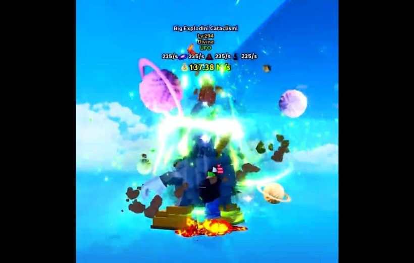 Bright game character surrounded by glowing planets, energy effects, and floating debris