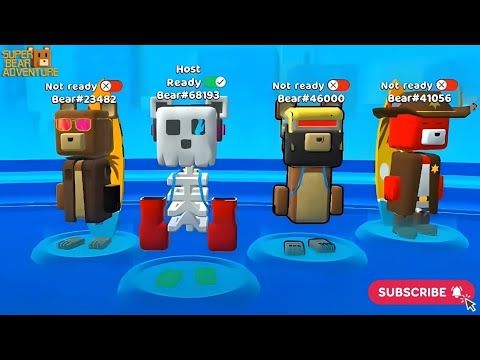 Four colorful game character avatars standing on platforms in a lobby screen
