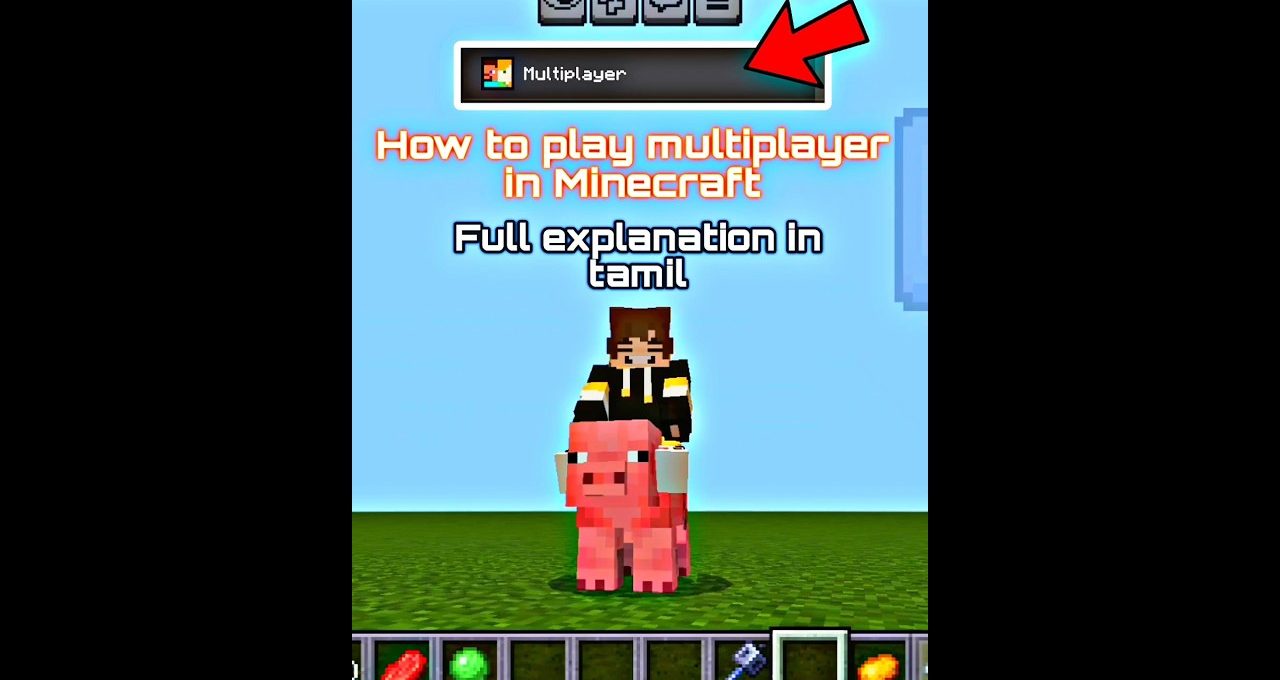 Minecraft player riding a pig with text explaining multiplayer tutorial in Tamil