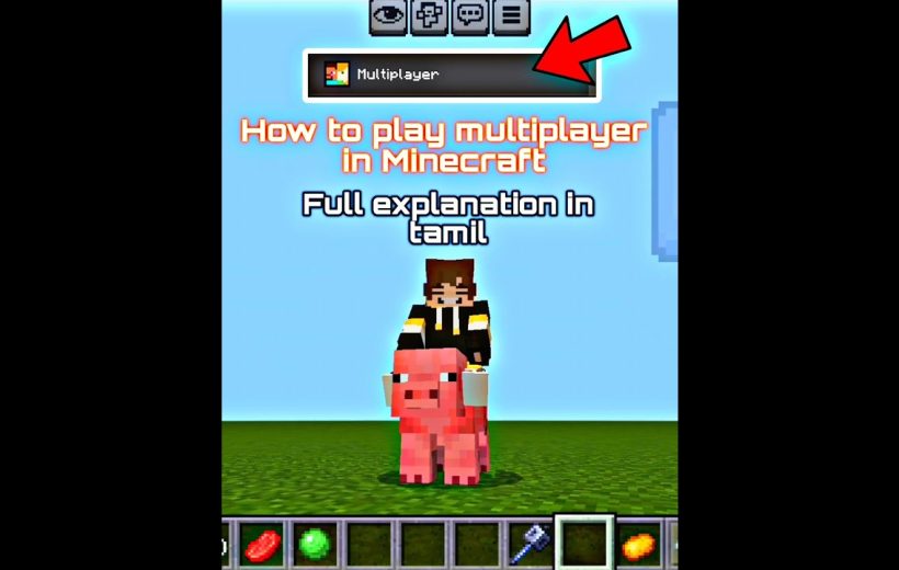 Minecraft player riding a pig with text explaining multiplayer tutorial in Tamil
