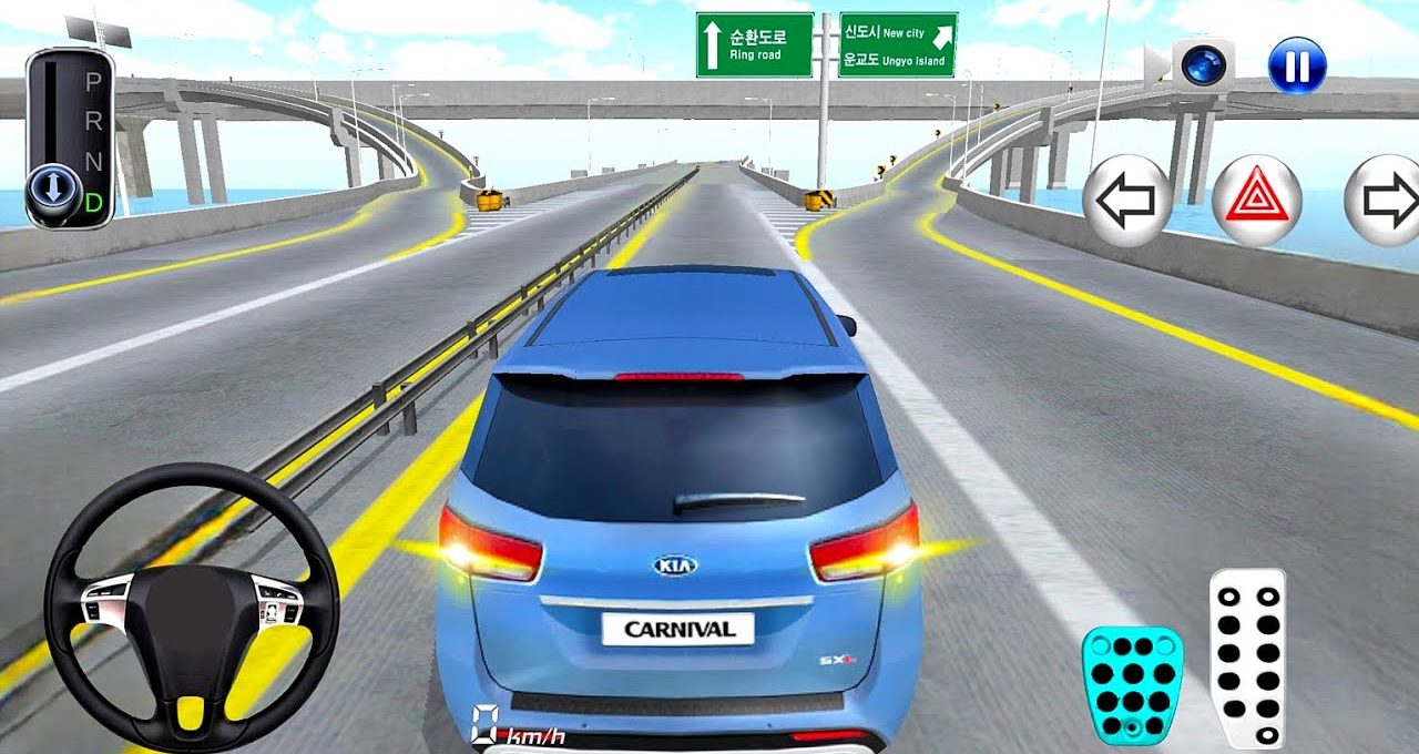 Blue Kia Carnival driving on elevated multi-lane highway with on-screen game controls