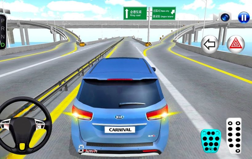 Blue Kia Carnival driving on elevated multi-lane highway with on-screen game controls