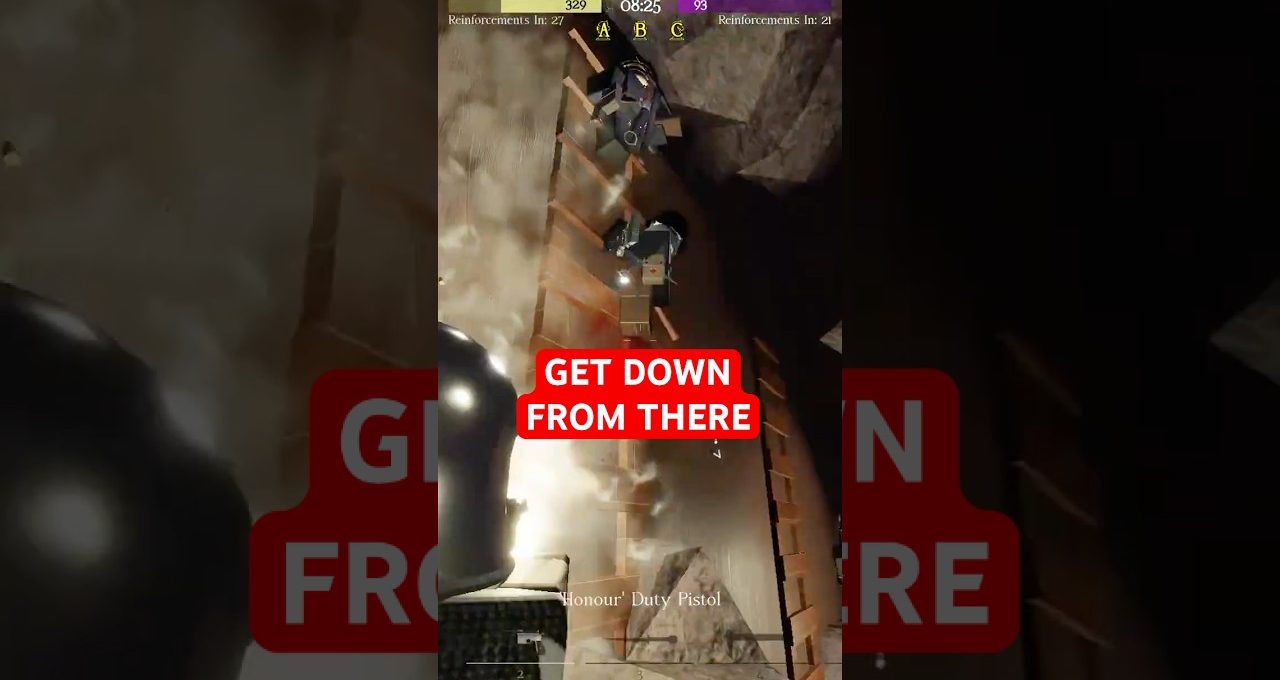 First-person shooter view showing players on a wooden ladder with "GET DOWN FROM THERE" text