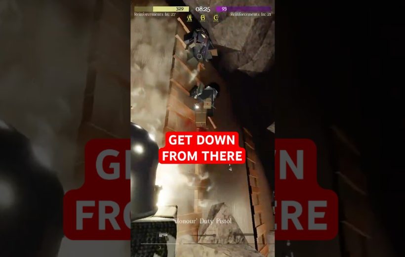 First-person shooter view showing players on a wooden ladder with "GET DOWN FROM THERE" text