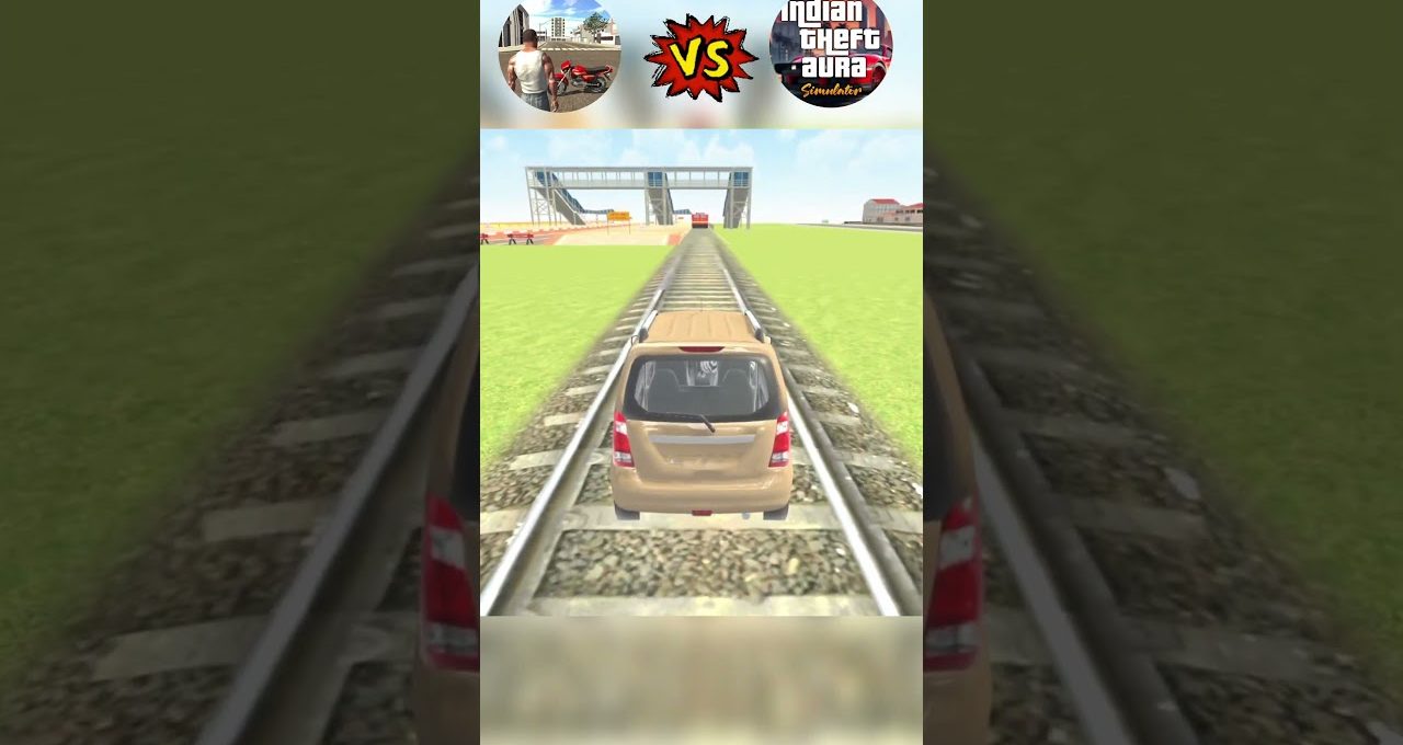 Small beige car driving along railroad tracks toward a distant overpass in game scene