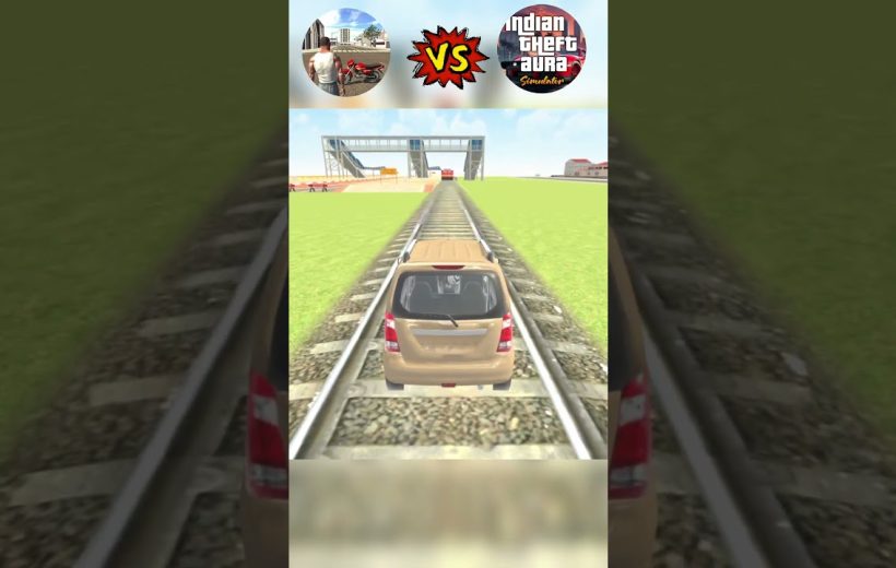 Small beige car driving along railroad tracks toward a distant overpass in game scene