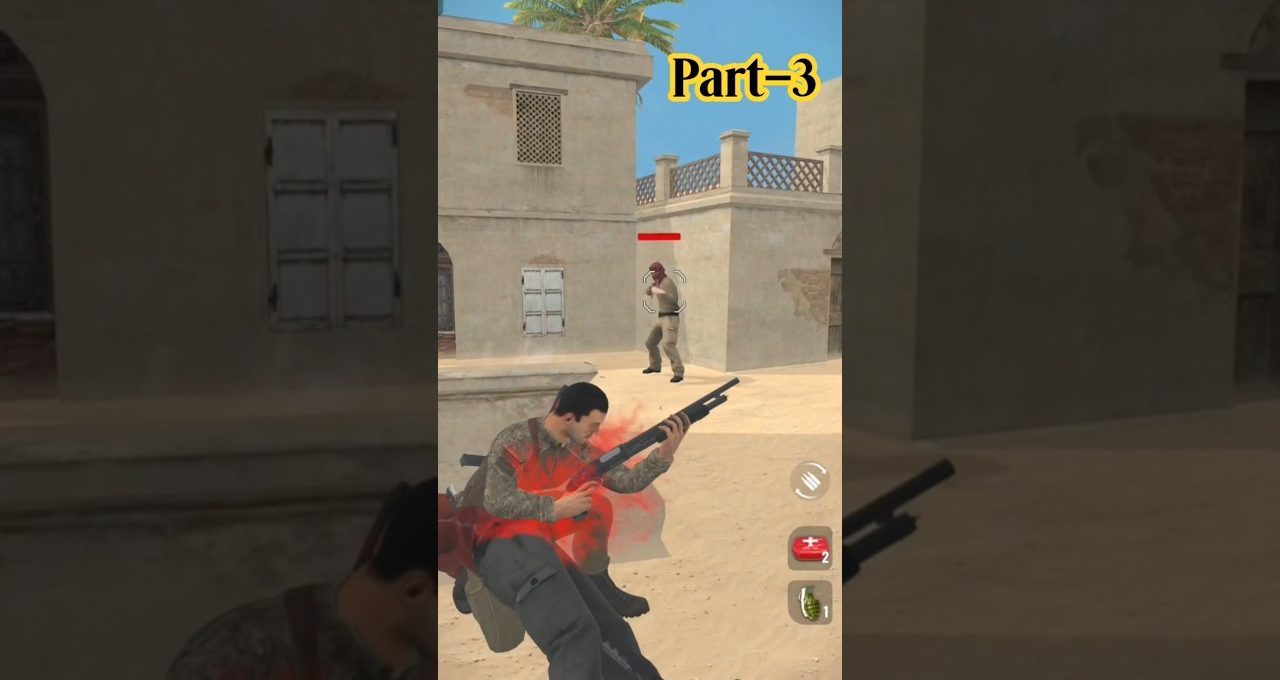 Soldier wounded and crouching with shotgun while enemy stands in desert town.