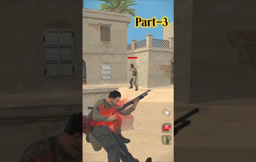 Soldier wounded and crouching with shotgun while enemy stands in desert town.