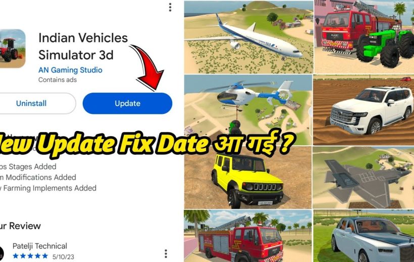 Mobile game update screen for "Indian Vehicles Simulator 3d" with vehicle screenshots