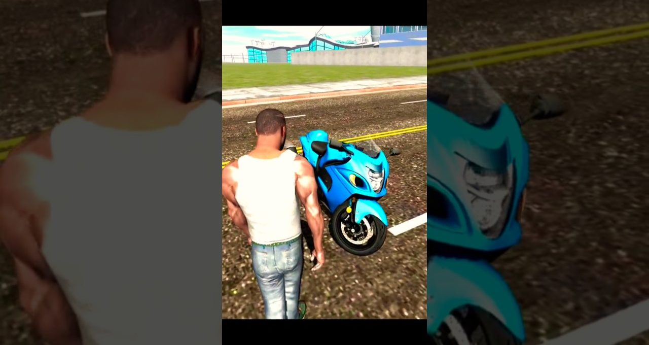 Man in white tank top standing beside a bright blue sport motorcycle on road