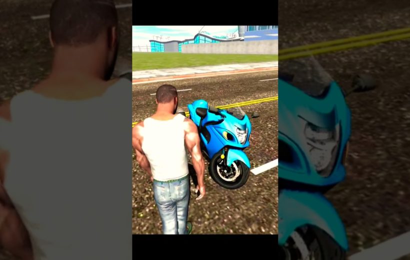 Man in white tank top standing beside a bright blue sport motorcycle on road