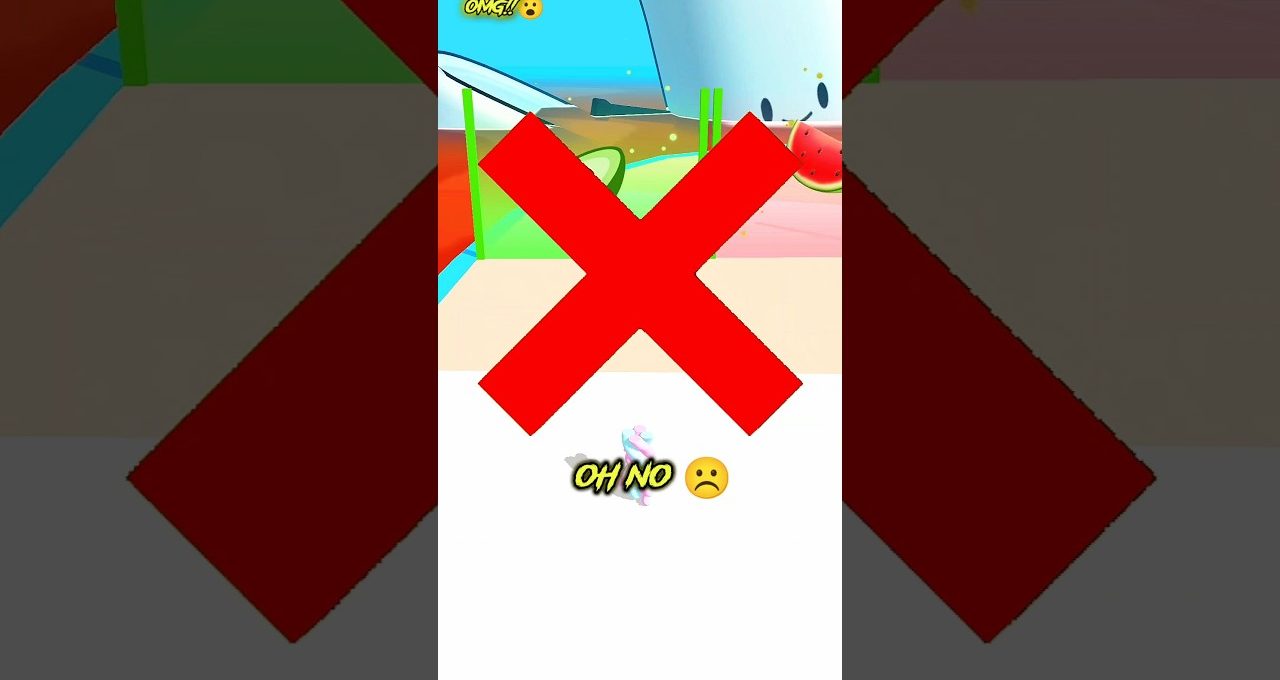 Bright red X over colorful game scene with "Oh no" text and sad emoji