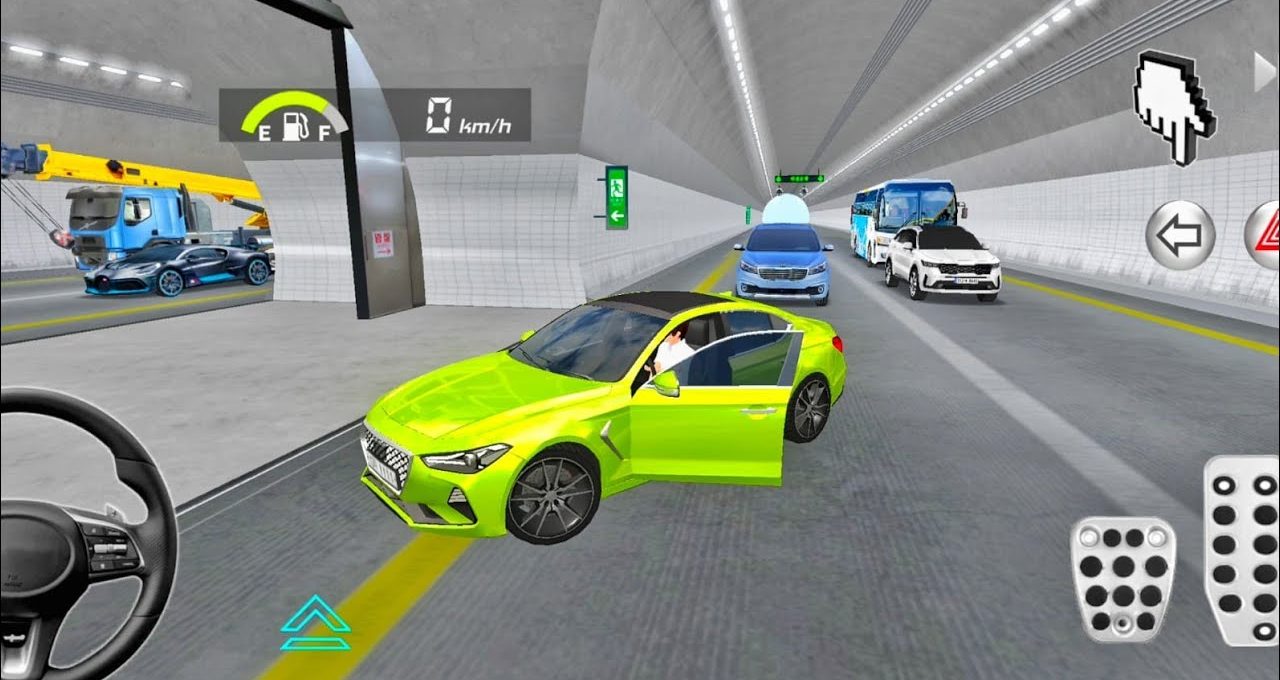 Bright green sedan stopped with open door in busy tunnel traffic simulator scene