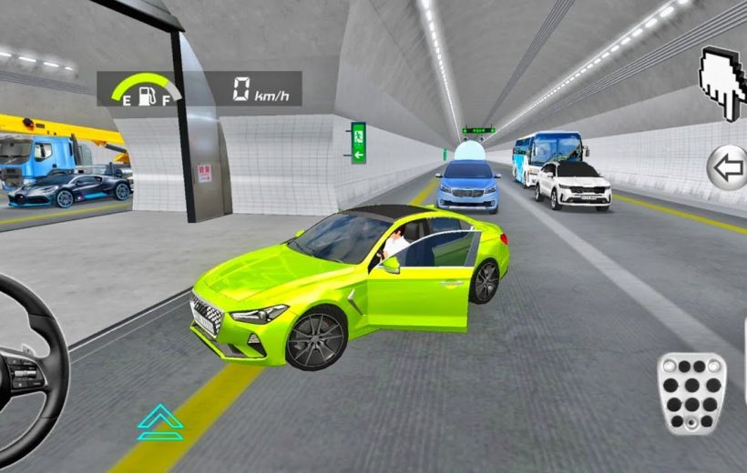 Bright green sedan stopped with open door in busy tunnel traffic simulator scene