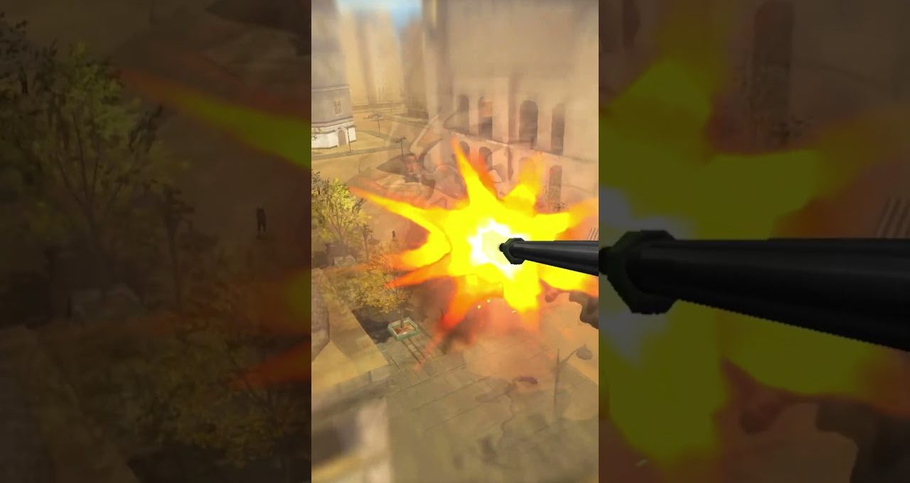 First-person view of a machine gun firing bright muzzle flash over a courtyard
