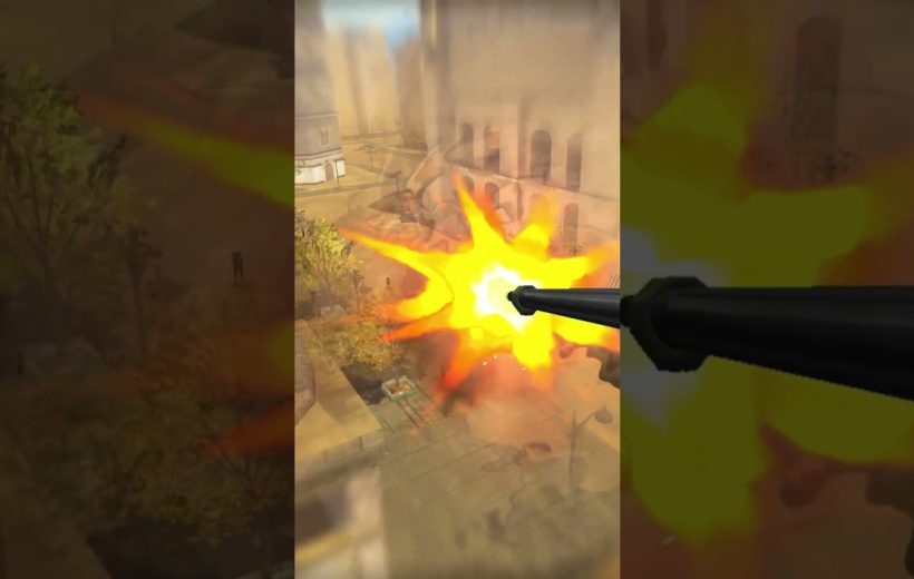 First-person view of a machine gun firing bright muzzle flash over a courtyard