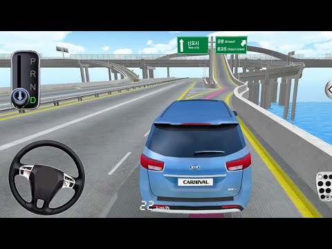 Blue minivan driving on elevated highway ramps in a car driving simulator game.