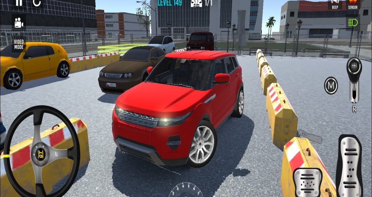 Red SUV parked in a fenced training lot between traffic barriers and other cars