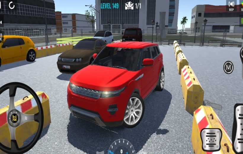 Red SUV parked in a fenced training lot between traffic barriers and other cars