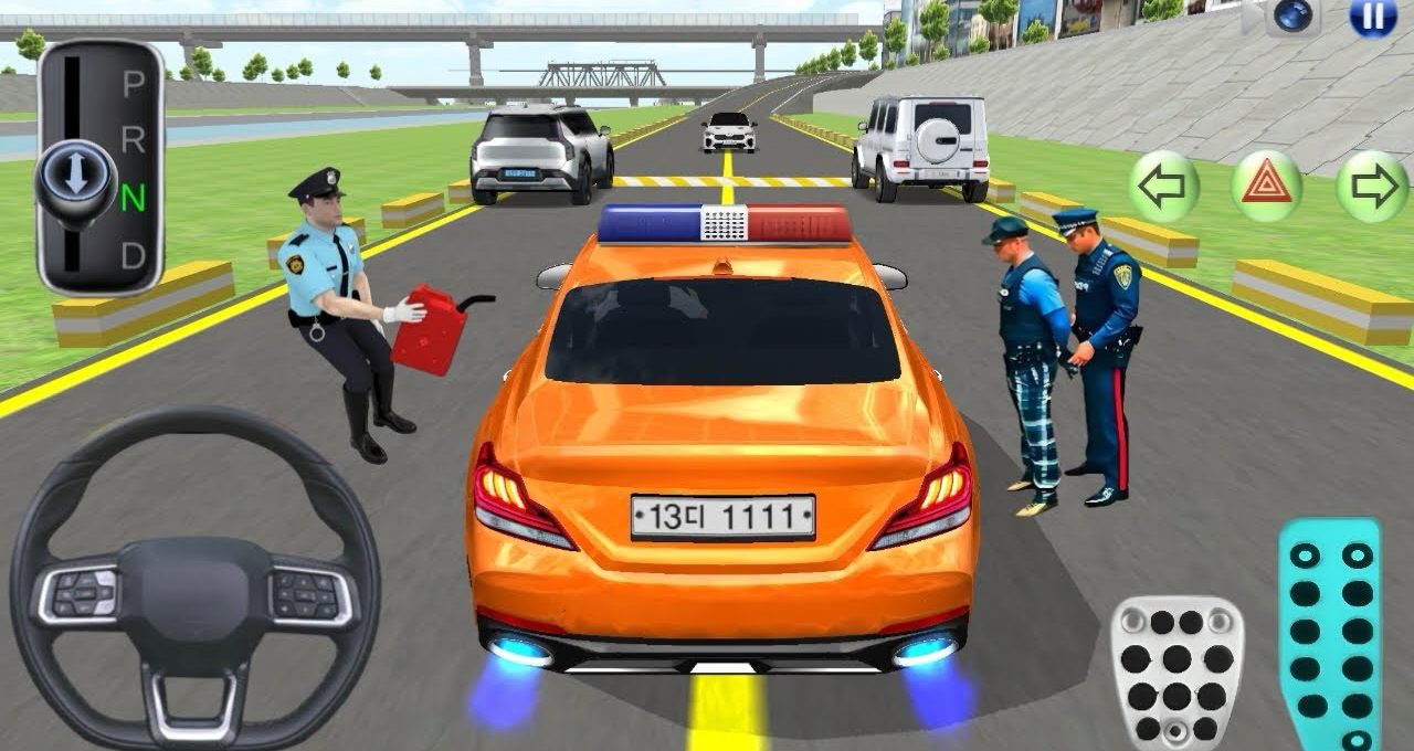 Orange police car stopped on road while officers refuel and detain a driver