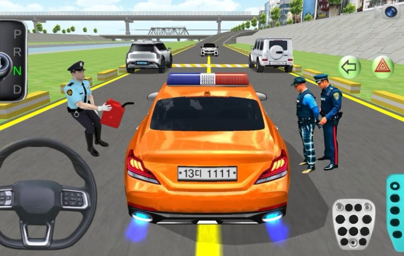 Orange police car stopped on road while officers refuel and detain a driver