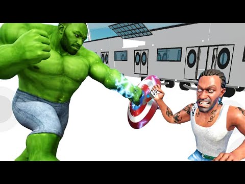 Green muscular superhero punching toward a tattooed man blocking attack with a shield