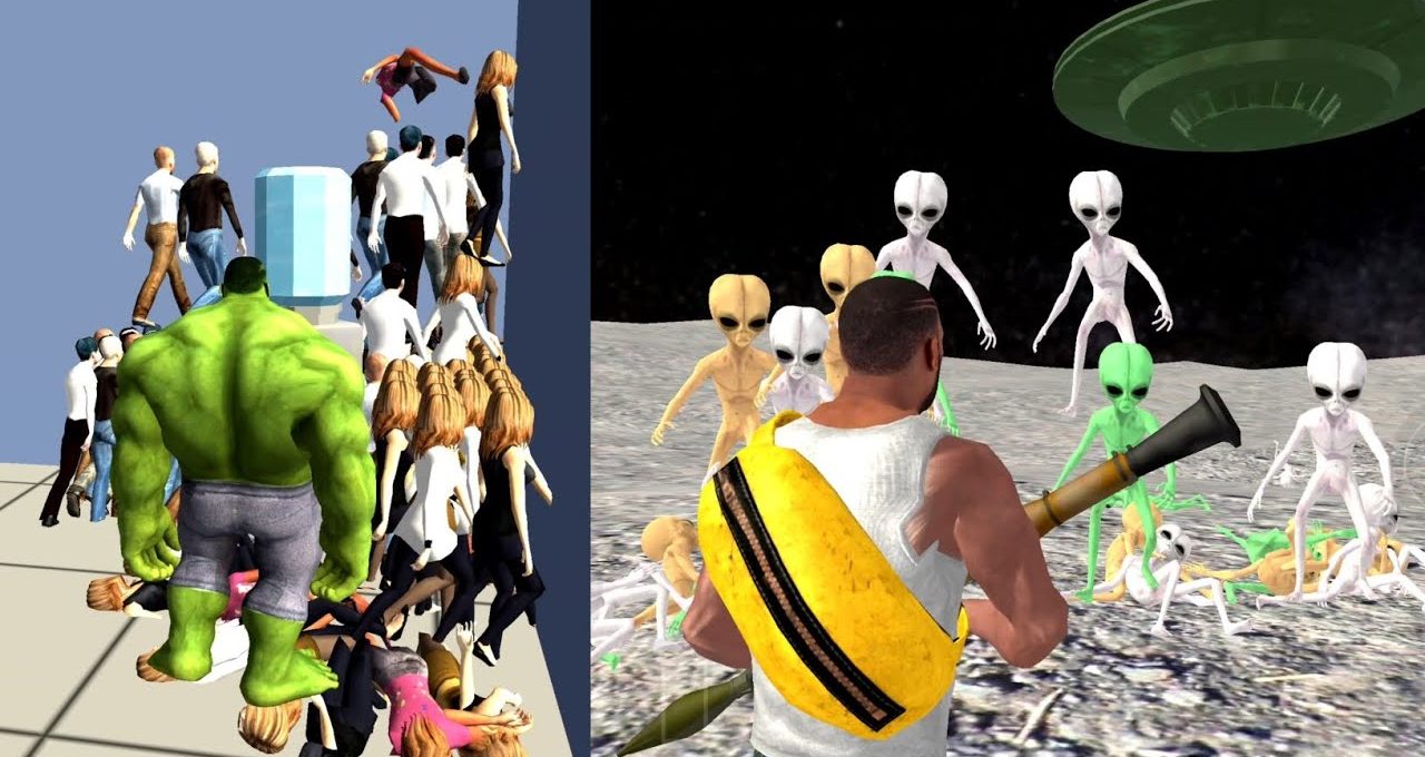 Green Hulk-like figure facing a crowd left; man with rocket launcher confronting aliens right