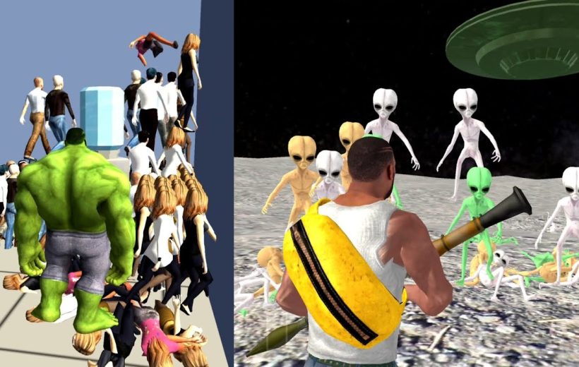 Green Hulk-like figure facing a crowd left; man with rocket launcher confronting aliens right
