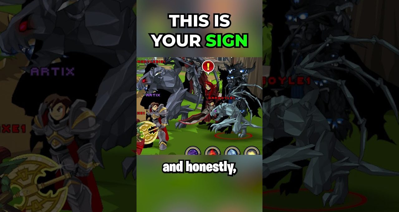 Fantasy RPG battle scene with armored hero and monsters, bold text saying "This is your sign"