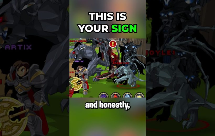 Fantasy RPG battle scene with armored hero and monsters, bold text saying "This is your sign"