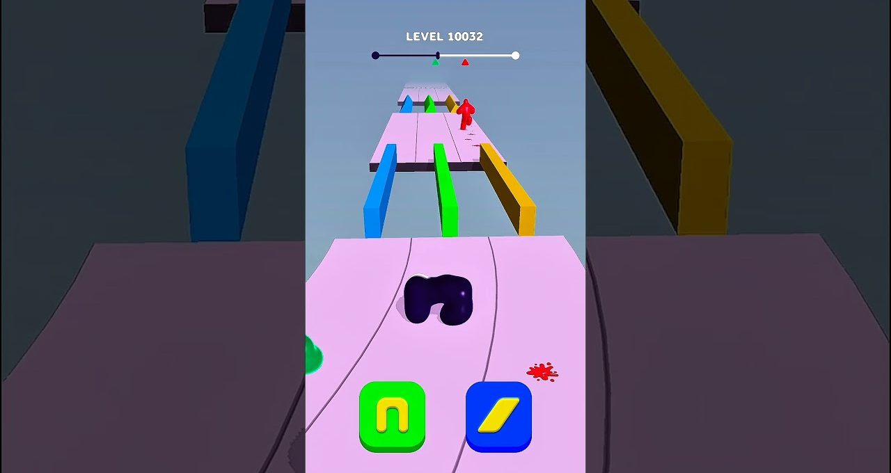 Colorful mobile game level with a blob character racing across suspended pink platforms.