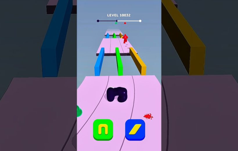 Colorful mobile game level with a blob character racing across suspended pink platforms.