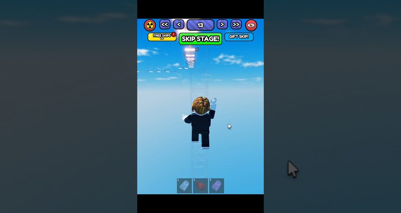 Blocky game avatar walking along a narrow sky platform toward distant floating obstacles