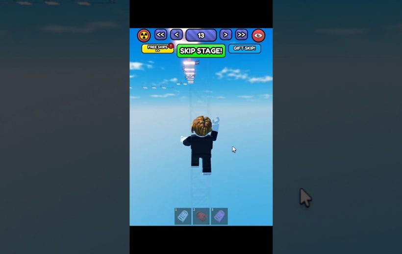 Blocky game avatar walking along a narrow sky platform toward distant floating obstacles