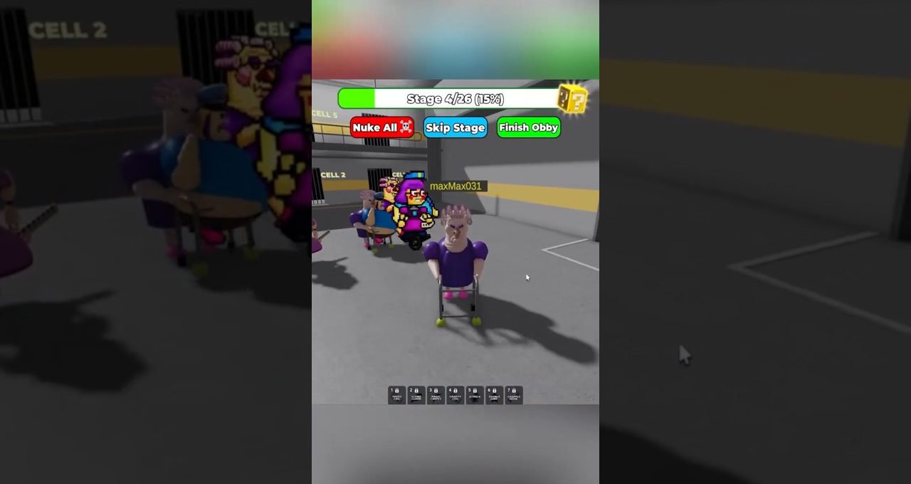 Roblox obby scene showing players in prison cells with cartoon characters and UI buttons