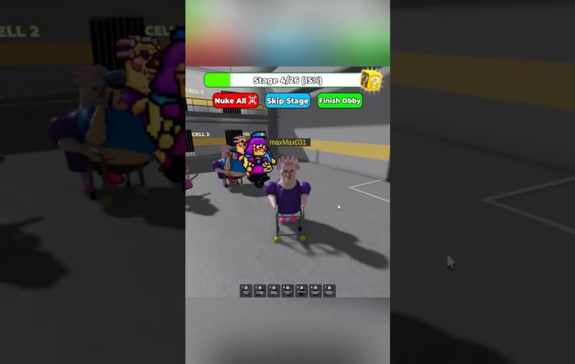 Roblox obby scene showing players in prison cells with cartoon characters and UI buttons