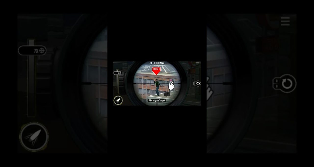 Sniper scope aimed at a rooftop target labeled "TARGET" with city buildings background