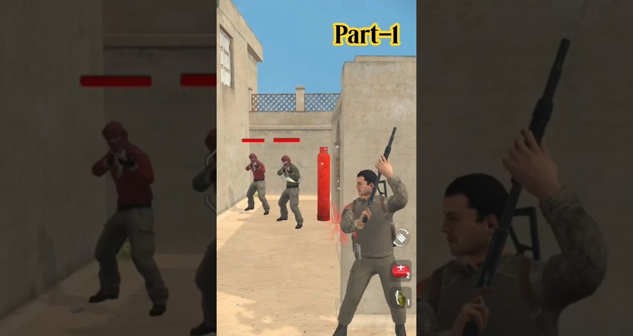 Soldier in alley reloads shotgun while two enemies aim down the corridor.
