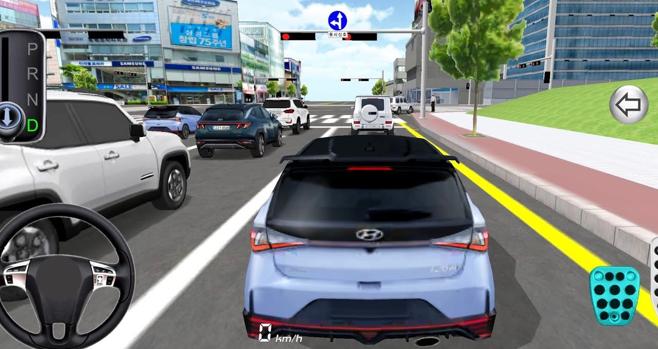 Rear view of a blue Hyundai hatchback driving through a busy city intersection