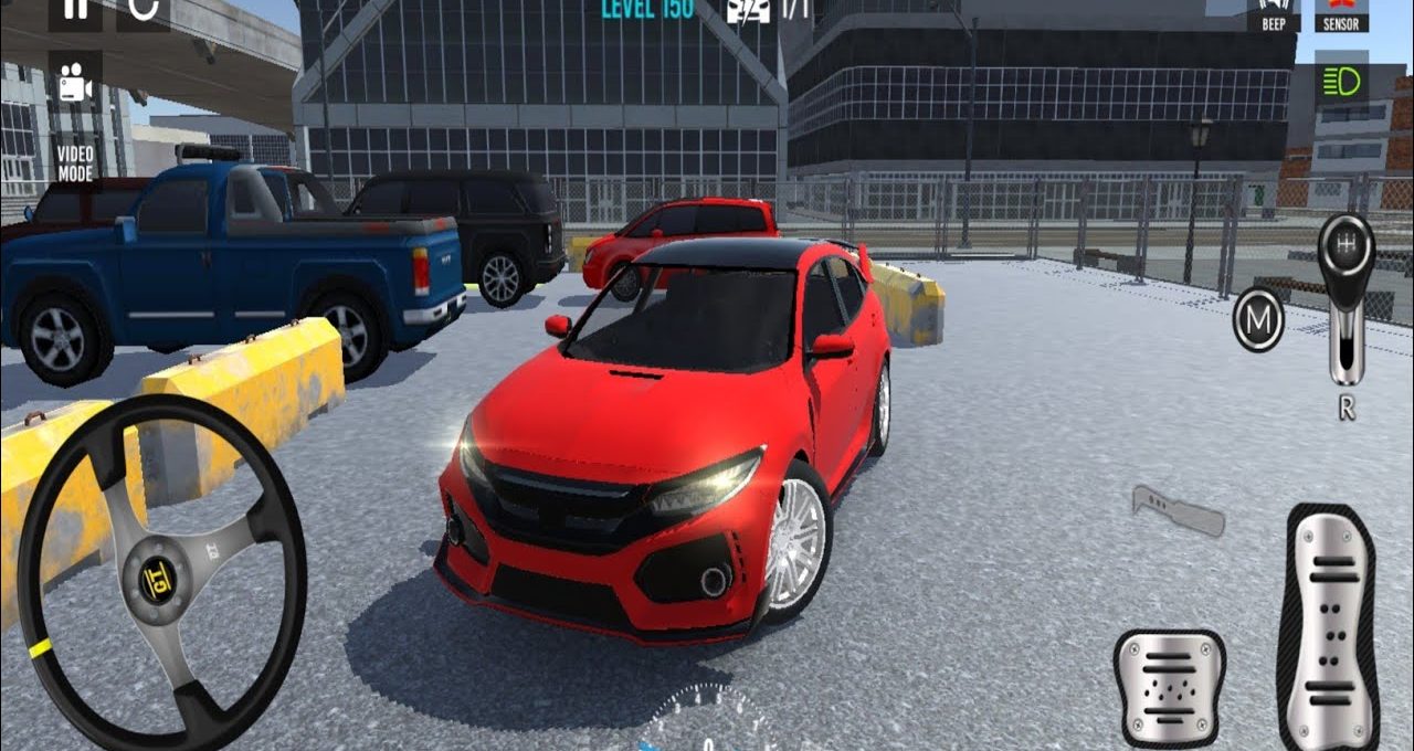 Red sports hatchback parked in a fenced urban parking lot in driving game.