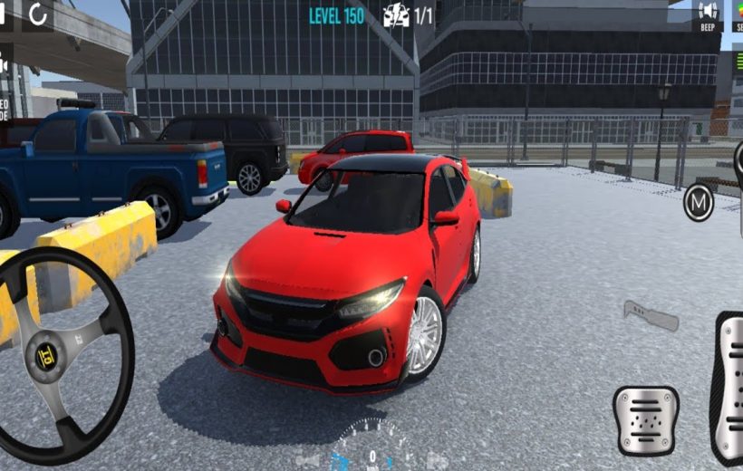 Red sports hatchback parked in a fenced urban parking lot in driving game.