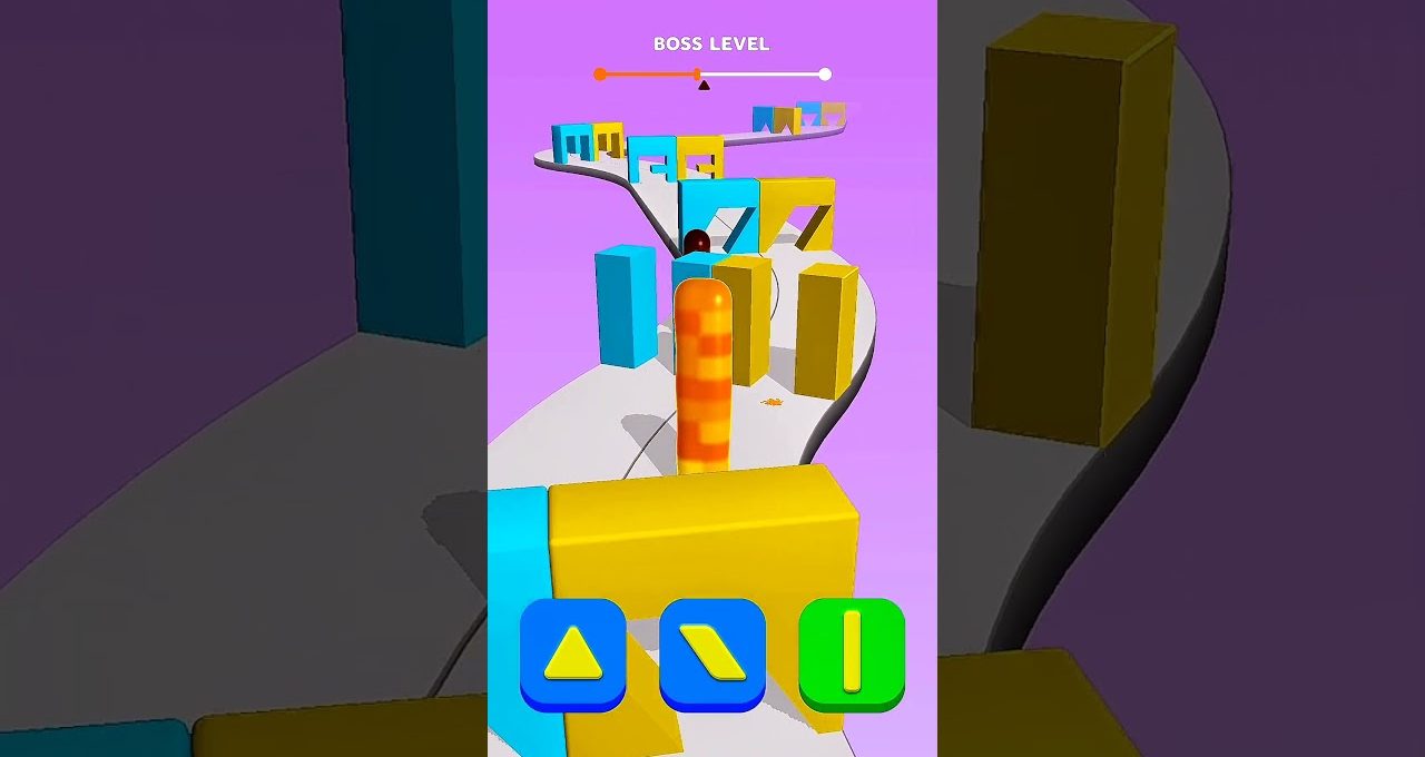 Colorful mobile game level with a rolling striped cylinder navigating block obstacles.