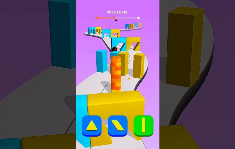 Colorful mobile game level with a rolling striped cylinder navigating block obstacles.