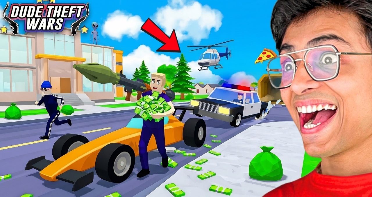 Cartoon robbery scene with thief holding cash beside race car while police chase nearby