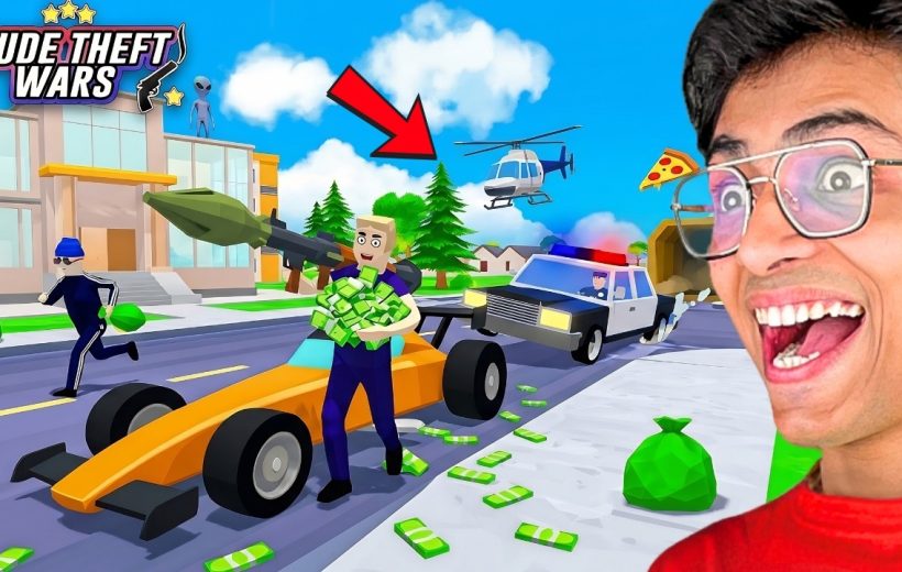 Cartoon robbery scene with thief holding cash beside race car while police chase nearby
