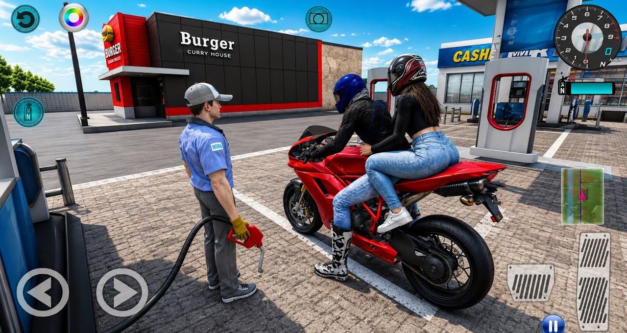 Motorcyclist and passenger refueling a red sportbike at a busy gas station