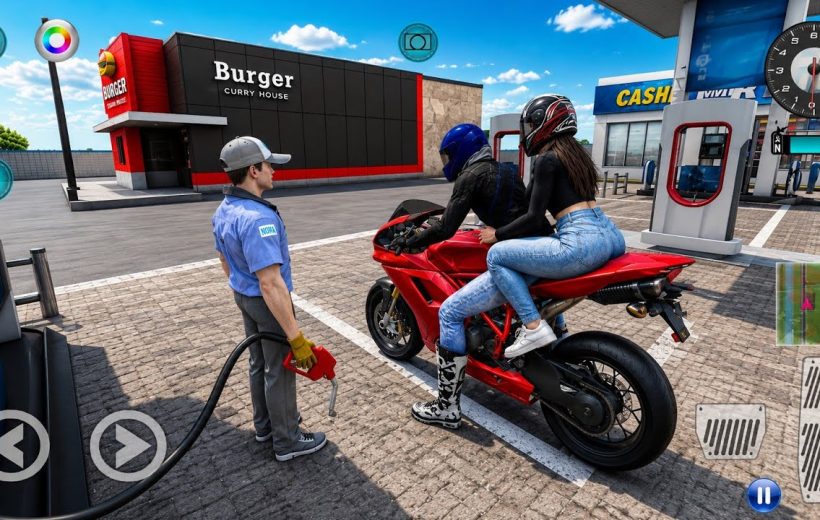 Motorcyclist and passenger refueling a red sportbike at a busy gas station